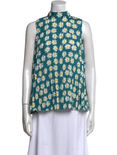 Pre-owned Marimekko Floral Print Mock Neck Blouse In Blue