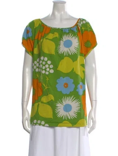 Pre-owned Marimekko Floral Print Scoop Neck Top In Green