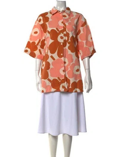 Pre-owned Marimekko Floral Print Short Sleeve Button-up Top In Orange