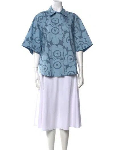 Pre-owned Marimekko Floral Print Short Sleeve Top In Blue