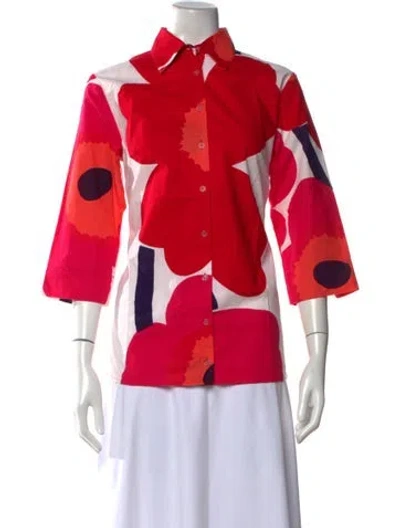 Pre-owned Marimekko Floral Print Three-quarter Sleeve Button-up Top In Pink