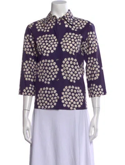 Pre-owned Marimekko Floral Print Three-quarter Sleeve Button-up Top In Purple