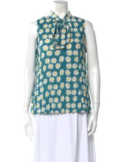 Pre-owned Marimekko Floral Print Tie Neck Top In Blue