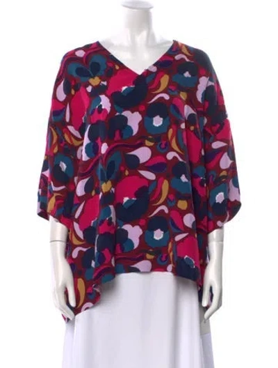 Pre-owned Marimekko Floral Print V-neck Blouse In Blue