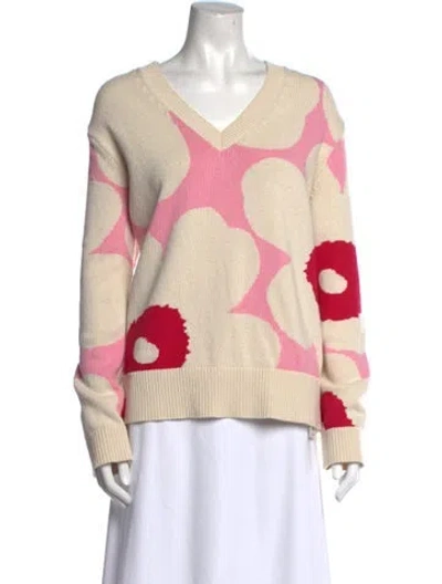 Pre-owned Marimekko Floral Print V-neck Sweater In Neutral