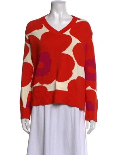 Pre-owned Marimekko Floral Print V-neck Sweater In Orange
