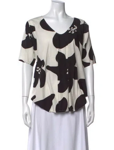 Pre-owned Marimekko Floral Print V-neck Top In Black