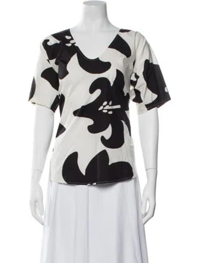 Pre-owned Marimekko Floral Print V-neck Top In Black