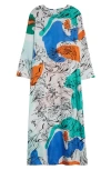 Marimekko Fluidi Blombom Long Sleeve Dress In Off White Blue Green Red