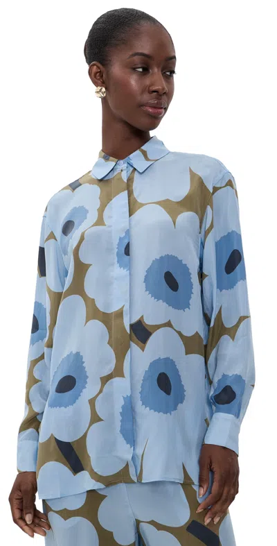 Marimekko Jarki Unikko Button Down Shirt Light Blue/olive Green In White