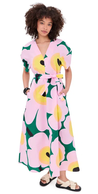 Marimekko Kaffet Unikko Dress Green/light Pink/yellow In Multi