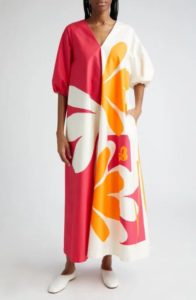 Marimekko Karkelo Kolmikko Floral Colorblock Stretch Cotton Shift Dress In Fuchsia/ Orange/ Off White