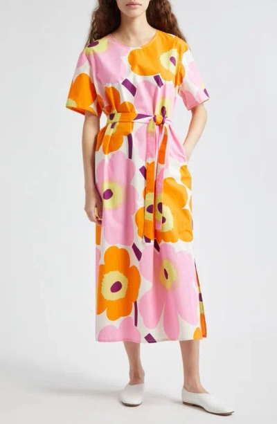 Marimekko Kemut Unikko Organic Cotton Poplin Dress In Off-white/ Orange/ Light Pink