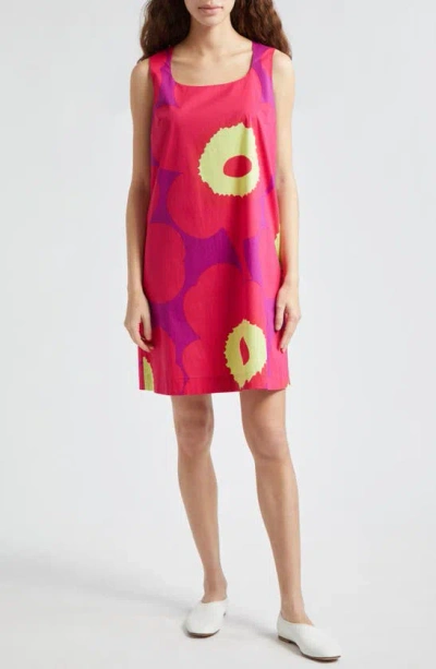Marimekko Kestit Unikko Cotton Shift Dress In Fuchsia/ Dark Red/ Yellow