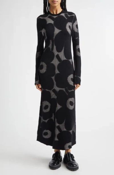 Marimekko Laatia Unikko Long Sleeve Rib Wool Blend Sweater Dress In Black