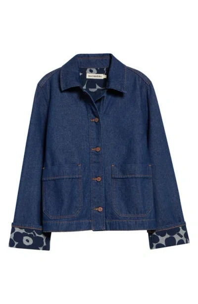 Marimekko Maridenim Käänteet Mini Unikko Lining Denim Jacket In Dark Indigo