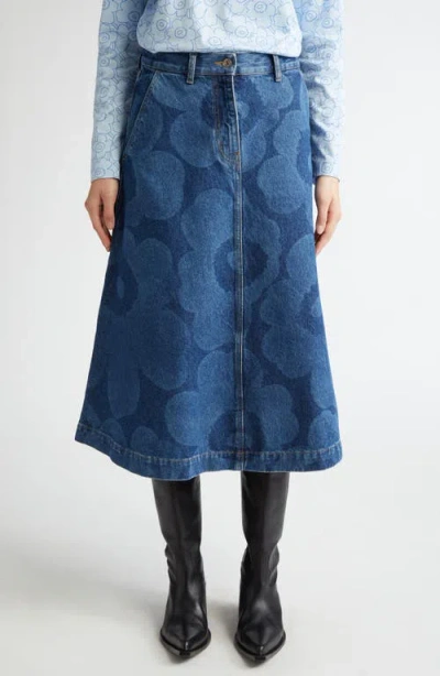 Marimekko Maridenim Suoritus Unikko Floral A-line Denim Midi Skirt In Mid Indigo