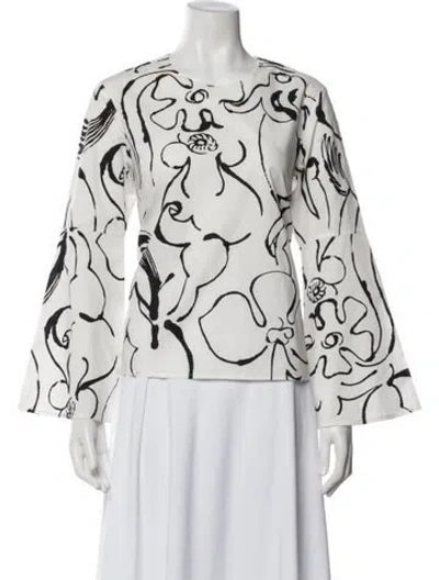 Pre-owned Marimekko Printed Crew Neck Blouse In White