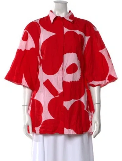 Pre-owned Marimekko Printed Short Sleeve Button-up Top In Red