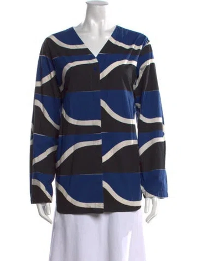 Pre-owned Marimekko Printed V-neck Button-up Top In Blue