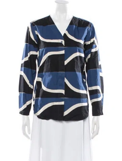 Pre-owned Marimekko Printed V-neck Button-up Top In Blue