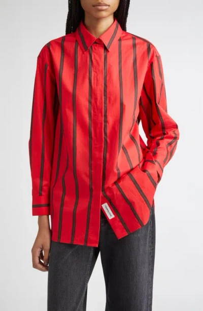 Marimekko Ruoste Puhveli Stripe Cotton Button-up Shirt In Red
