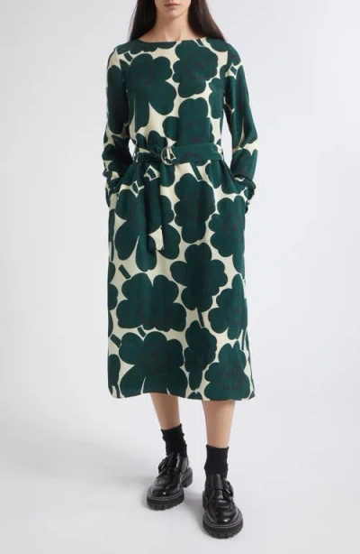 Marimekko Satunnainen Unikko Midi Dress In Dark Green Light Yellow