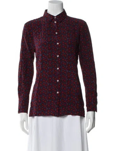 Pre-owned Marimekko Silk Floral Print Button-up Top In Burgundy
