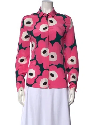Pre-owned Marimekko Silk Floral Print Button-up Top In Pink