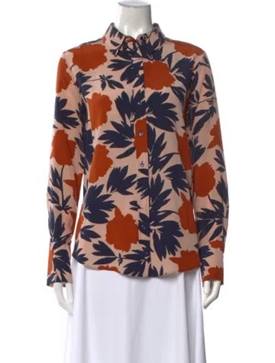 Pre-owned Marimekko Silk Floral Print Button-up Top In Pink