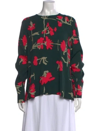 Pre-owned Marimekko Silk Floral Print Top In Green