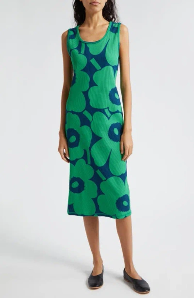 Marimekko Simpukka Unikko Rib Floral Cotton Tank Dress In Green Blue