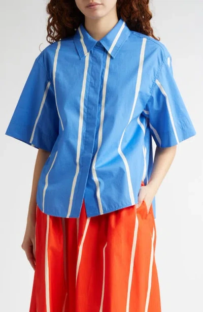 Marimekko Sinertävä Puhveli Stripe Organic Cotton Poplin Shirt In Blue/light Yellow