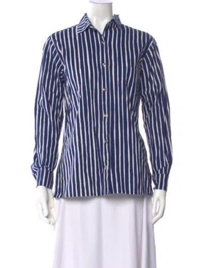 Pre-owned Marimekko Striped Long Sleeve Button-up Top In Blue