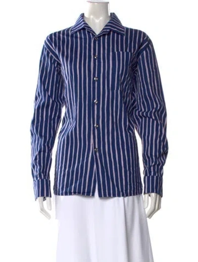 Pre-owned Marimekko Striped Long Sleeve Button-up Top In Blue
