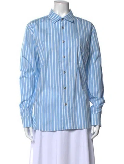 Pre-owned Marimekko Striped Long Sleeve Button-up Top In Blue