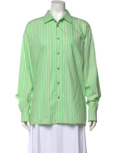 Pre-owned Marimekko Striped Long Sleeve Button-up Top In Green