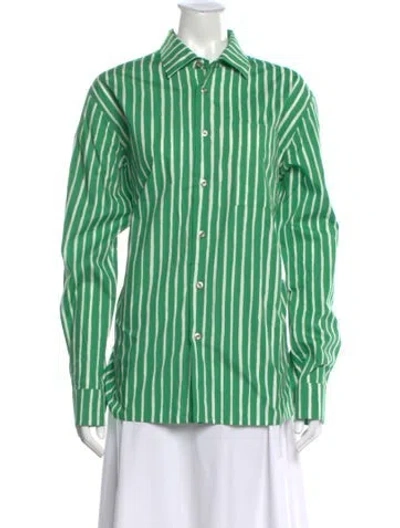 Pre-owned Marimekko Striped Long Sleeve Button-up Top In Green