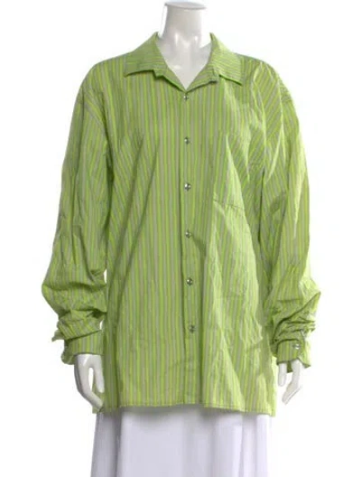 Pre-owned Marimekko Striped Long Sleeve Button-up Top In Green