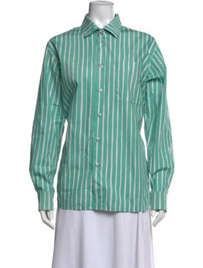 Pre-owned Marimekko Striped Long Sleeve Button-up Top In Green