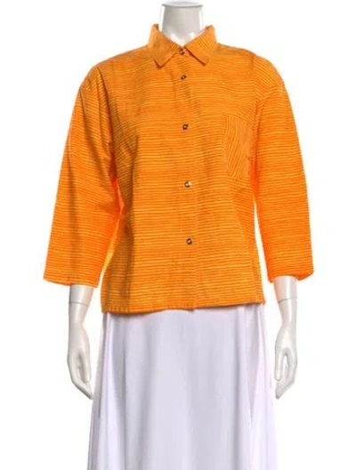 Pre-owned Marimekko Striped Three-quarter Sleeve Button-up Top In Orange