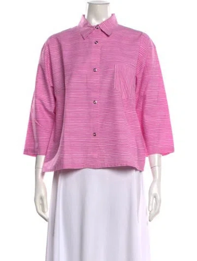 Pre-owned Marimekko Striped Three-quarter Sleeve Button-up Top In Pink