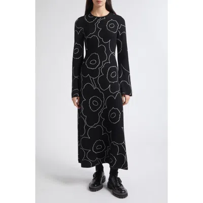 Marimekko Takaisin Pirto Unikko Print Knit Wool & Cotton Blend Midi Dress In Black