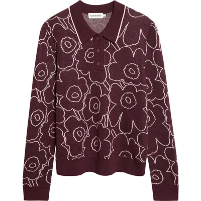 Marimekko Unikko Wool Blend Polo Sweater In Burgundy
