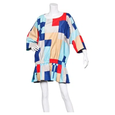 Pre-owned Marimekko Vintage 1980s 80s Textile Print Color Block Avant Garde Batwing Dress In Gray