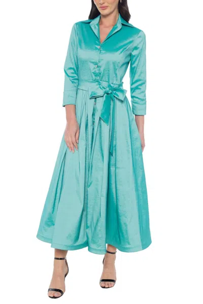 Marina 3/4 Sleeve Tie Waist Taffeta Midi A-line Dress In Sage In Green