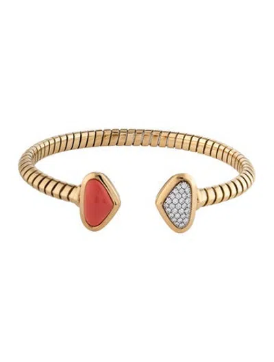 Pre-owned Marina B 18k Diamond & Coral Trisolina Cuff Bracelet, 6.25" In Multicolor