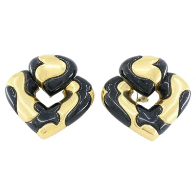 Pre-owned Marina B 18k Gold Black Enamel Heart Earrings Vintage Italian Designer Clip-ons