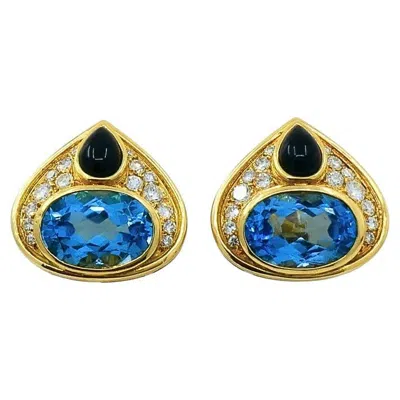 Pre-owned Marina B 18k Gold Topaz Onyx & Diamond Clip-on Earrings In Black