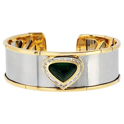 Pre-owned Marina B 18k Yellow Gold And Stainless Steel Green Emerald Cuff Bracelet